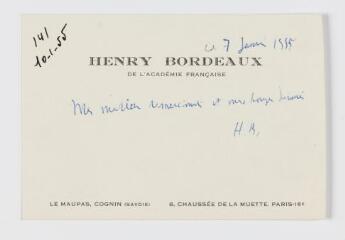 Henry Bordeaux : carte autographe adressée à Marcelle Wildschitz, signée de ses initiales (7 janvier 1955).