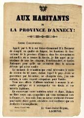 Adresse du gouverneur-régent Lachenal aux habitants de la province d'Annecy au moment de sa prise de fonction (3 avril 1860).